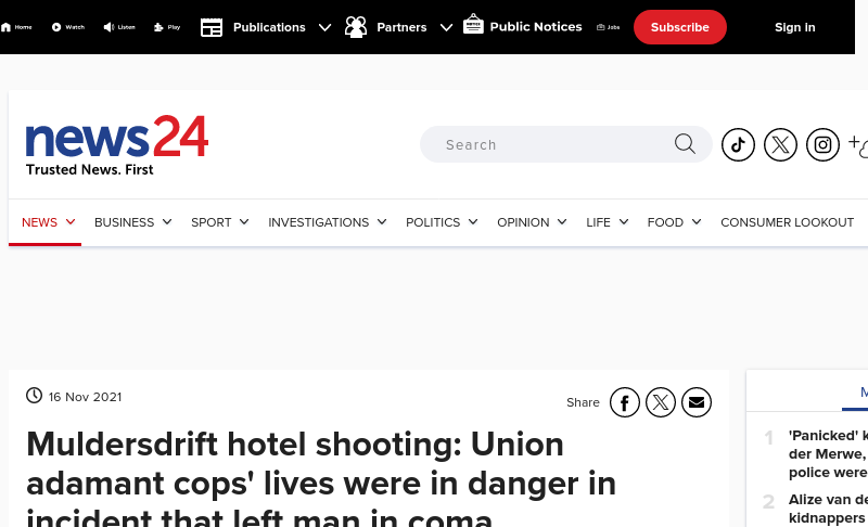 www.news24.com 穆德斯漂移 Muldersdrift 酒店枪击案：工会坚定警察的生命在...... 