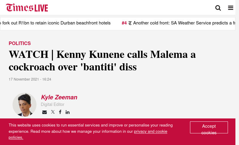 www.timeslive.co.za 肯尼·库内内 观看 |肯尼·库内内 （Kenny Kunene） 称 Malema 为 bantiti diss 的“蟑螂” 