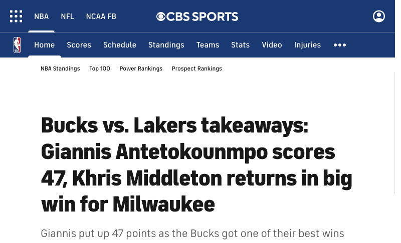 www.cbssports.com Bucks vs Lakers  